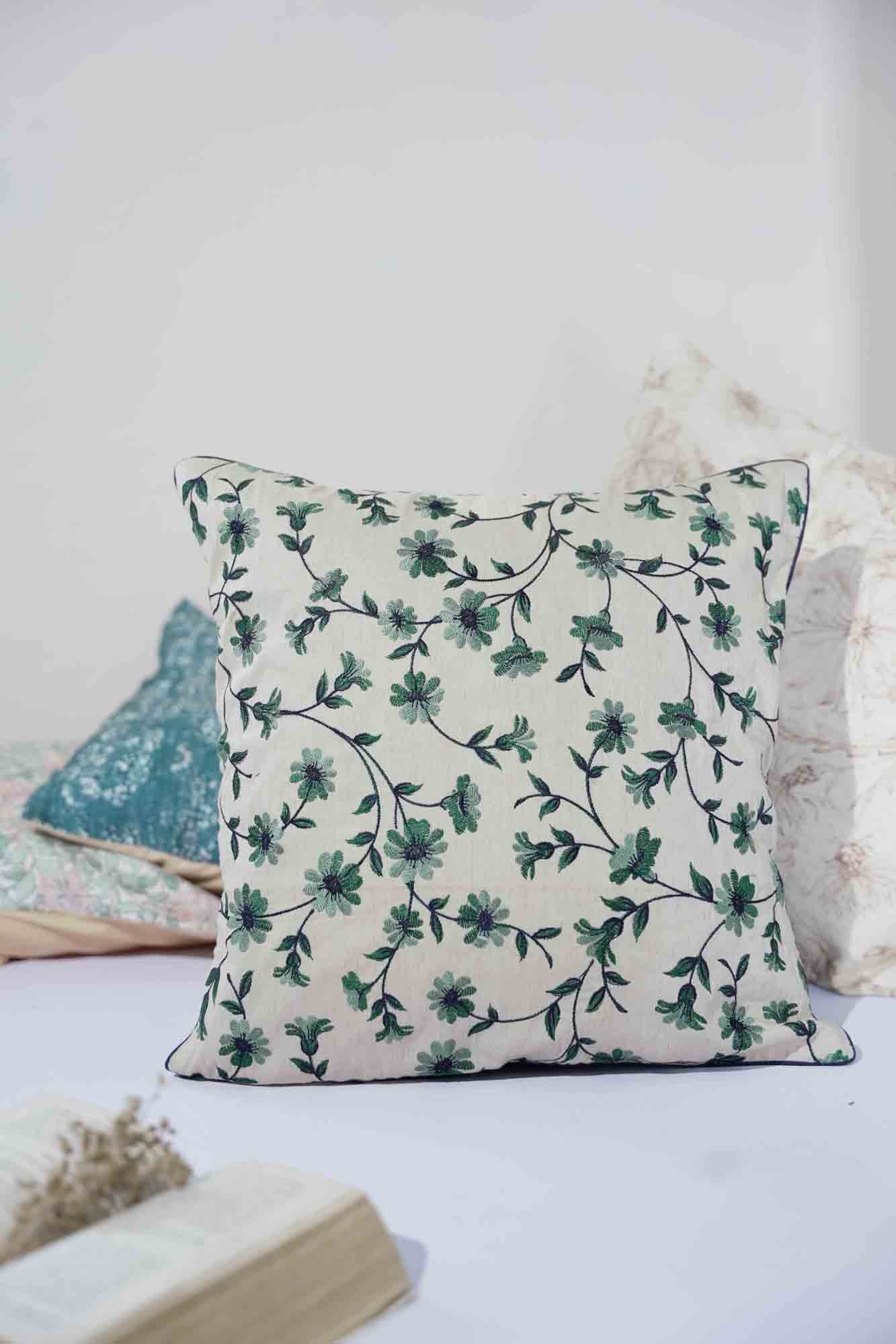Green Floral Creme Cushion