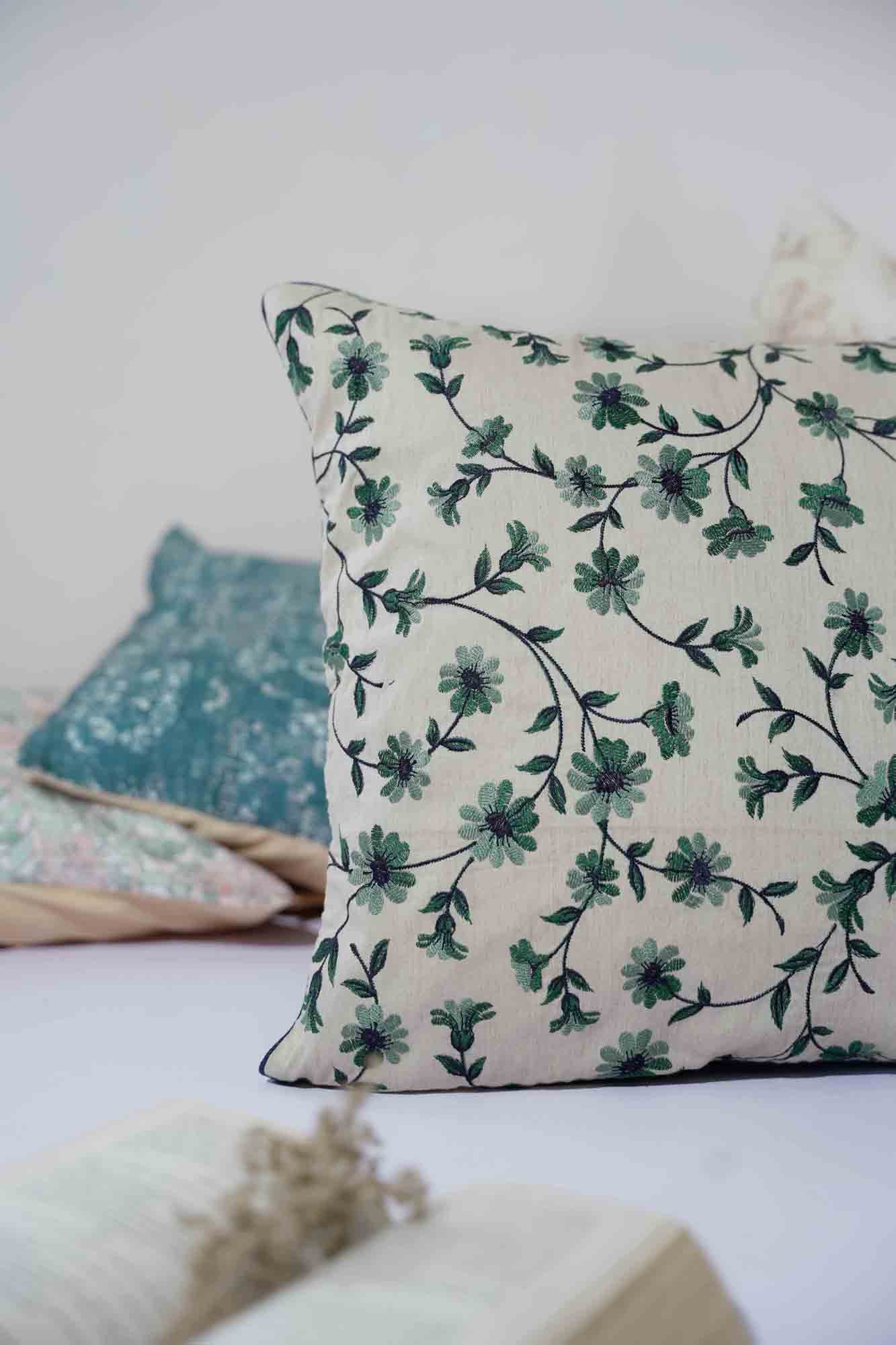 Green Floral Creme Cushion