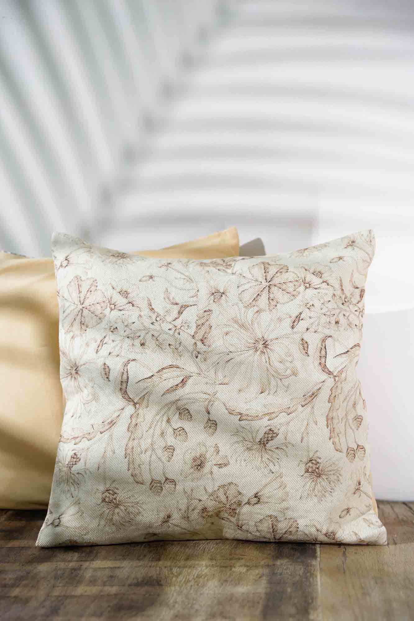 "Neutral Garden: Beige Floral Patterned Cushion Cover"