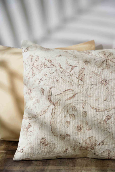 "Neutral Garden: Beige Floral Patterned Cushion Cover"