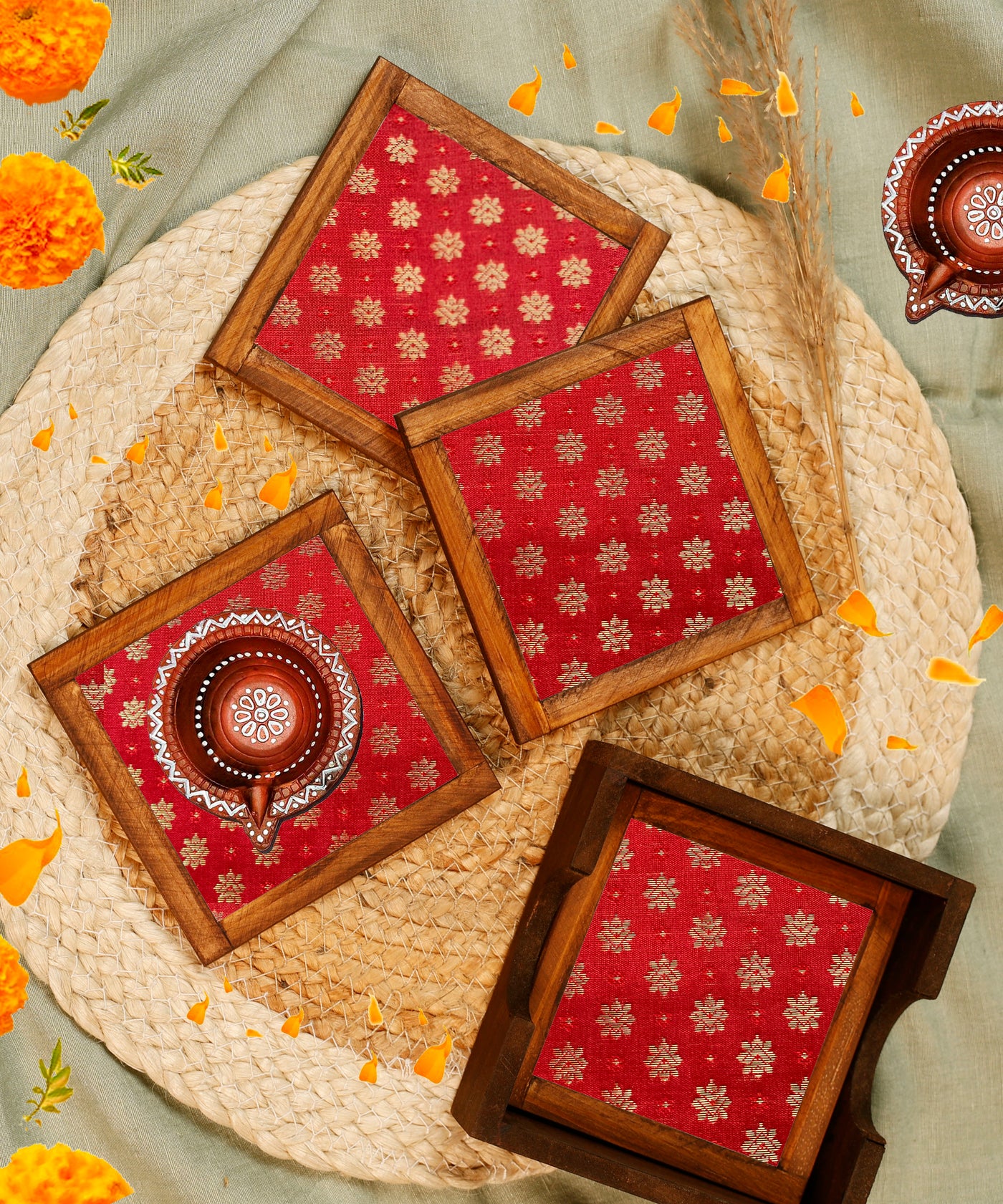 Crimson Charm – Blended Silk Jacquard Coaster Set (Set of 4) - with Coaster Holder