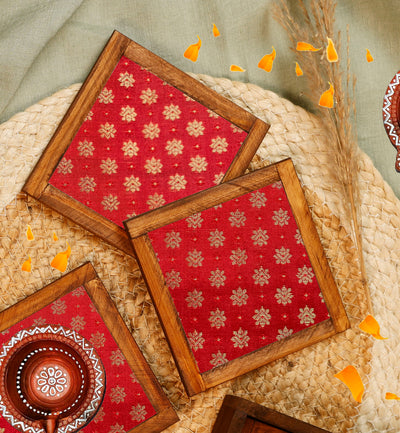 Crimson Charm – Blended Silk Jacquard Coaster Set (Set of 4) - with Coaster Holder