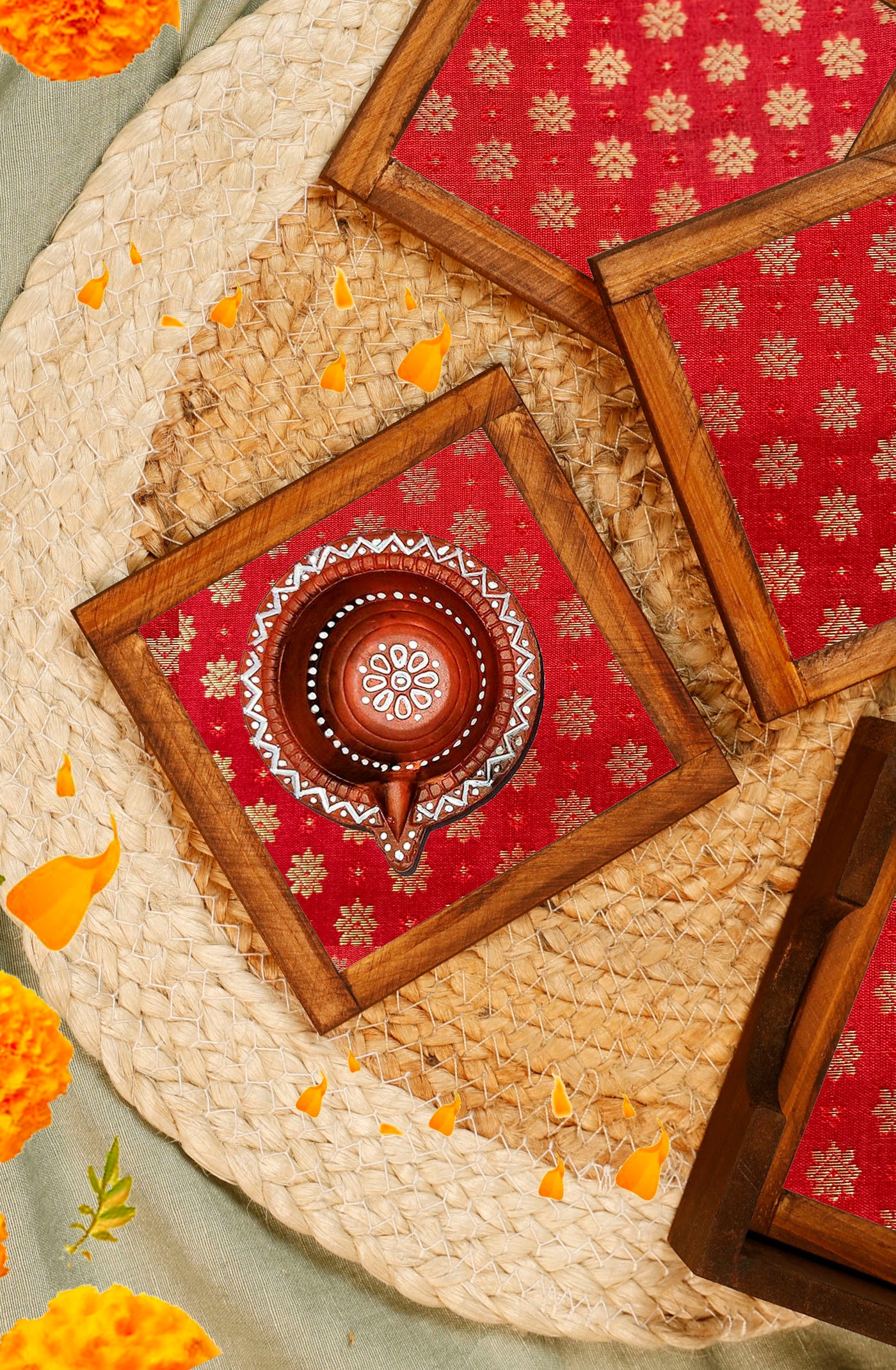 Crimson Charm – Blended Silk Jacquard Coaster Set (Set of 4) - with Coaster Holder