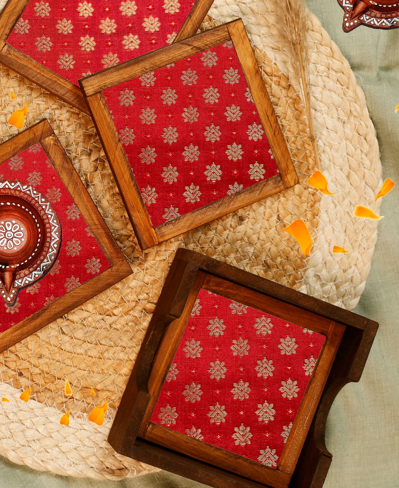 Crimson Charm – Blended Silk Jacquard Coaster Set (Set of 4) - with Coaster Holder