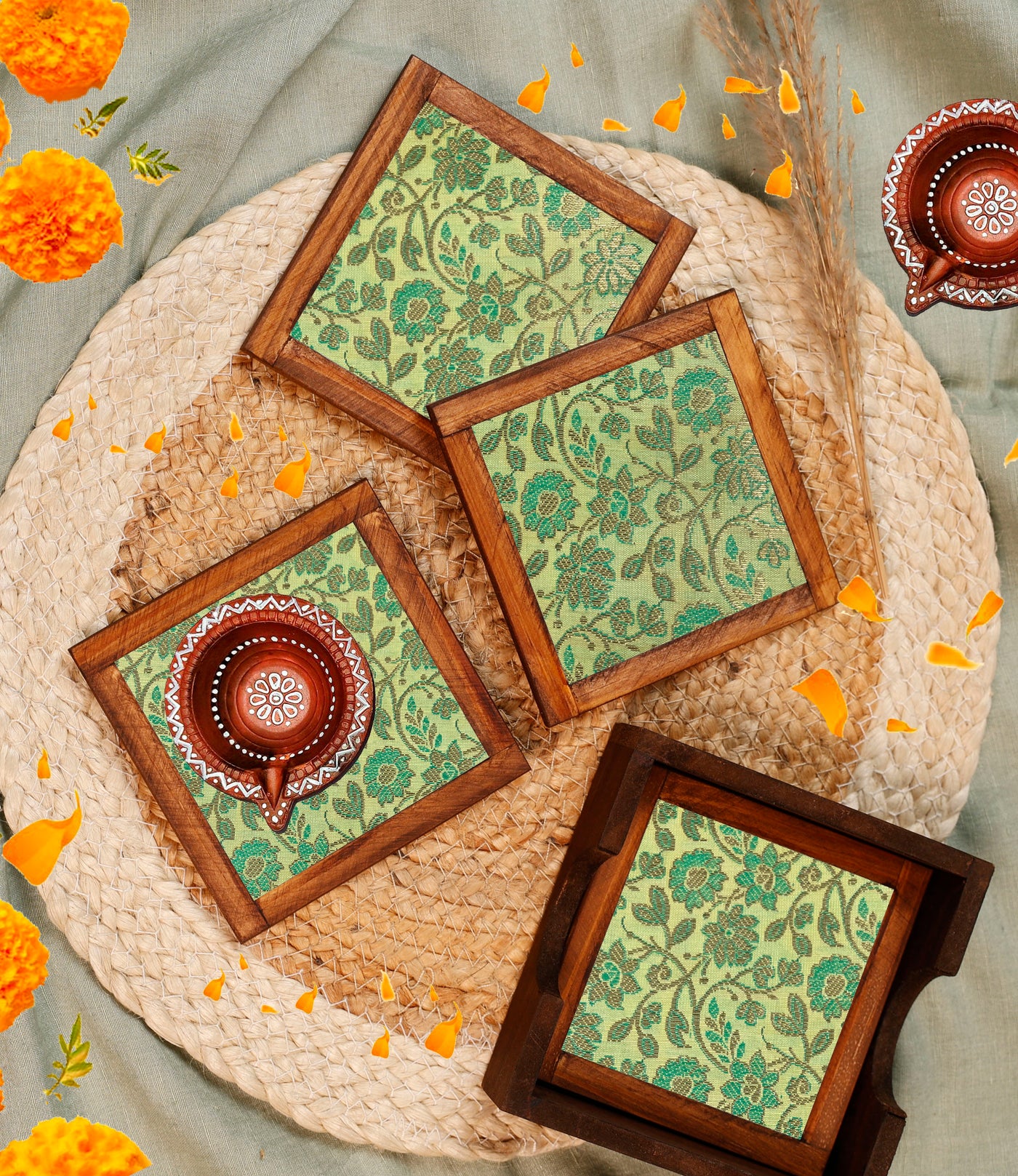 Green Harmony – Silk Blend Brocade Coasters (Set of 4) - with Coaster Holder