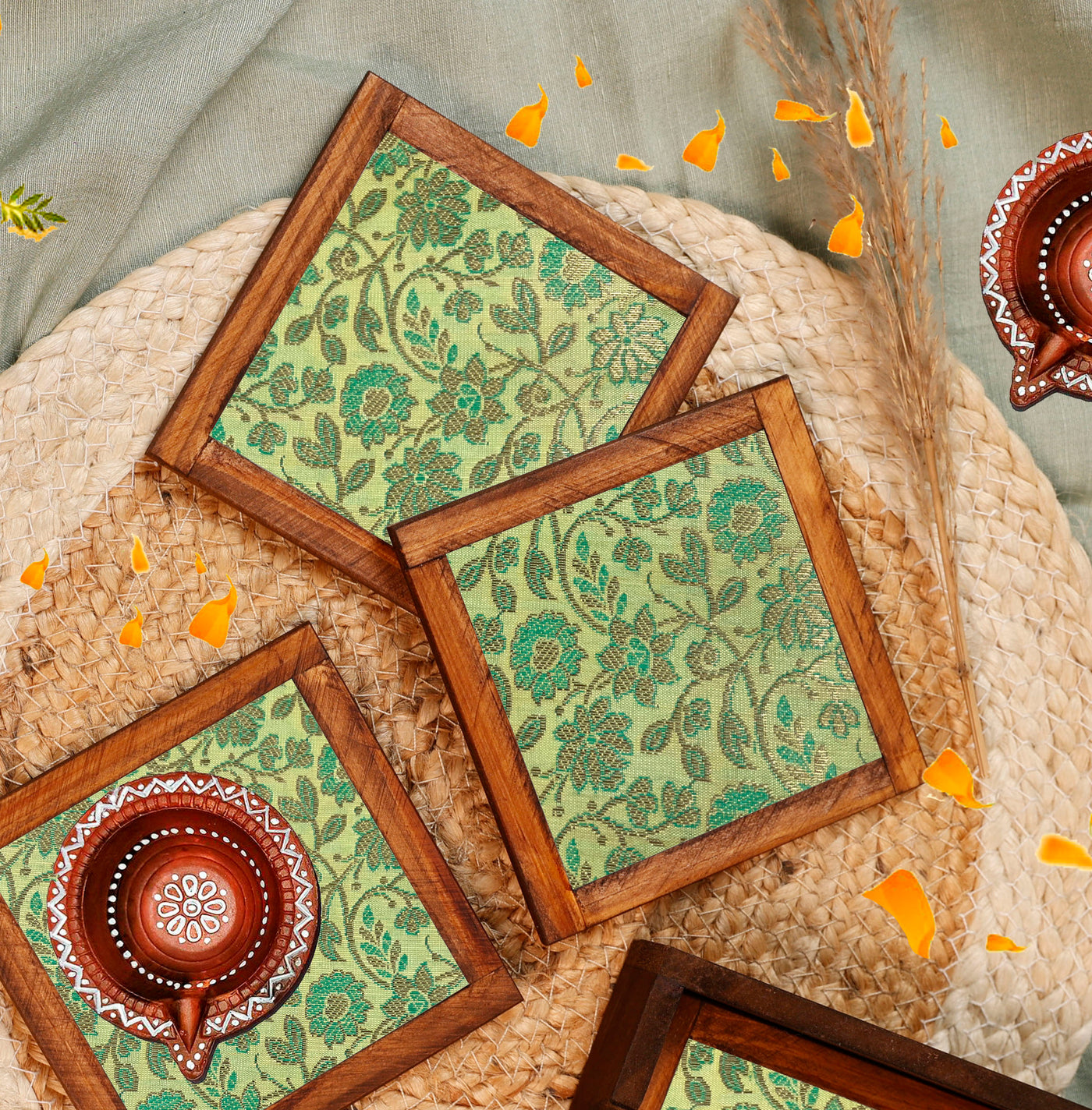 Green Harmony – Silk Blend Brocade Coasters (Set of 4) - with Coaster Holder