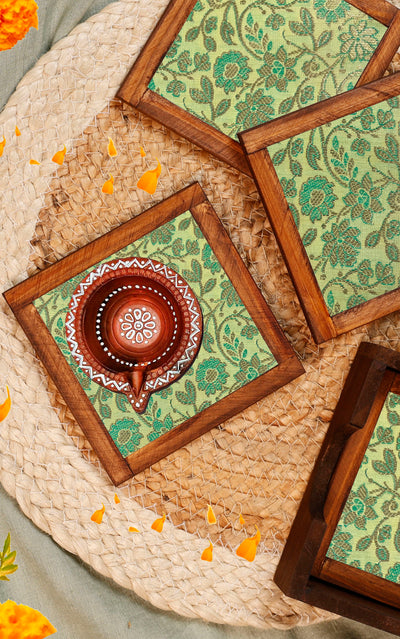 Green Harmony – Silk Blend Brocade Coasters (Set of 4) - with Coaster Holder