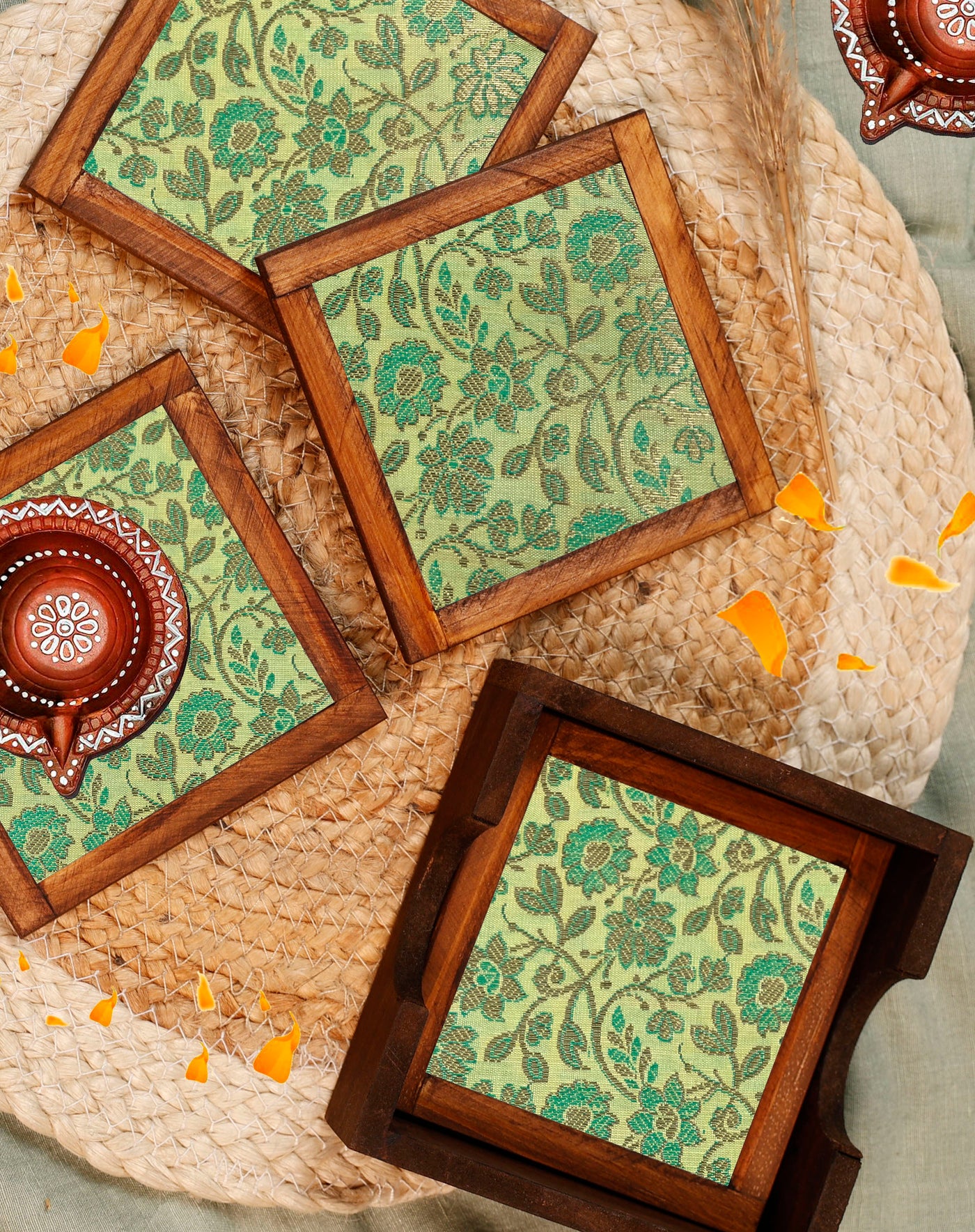 Green Harmony – Silk Blend Brocade Coasters (Set of 4) - with Coaster Holder