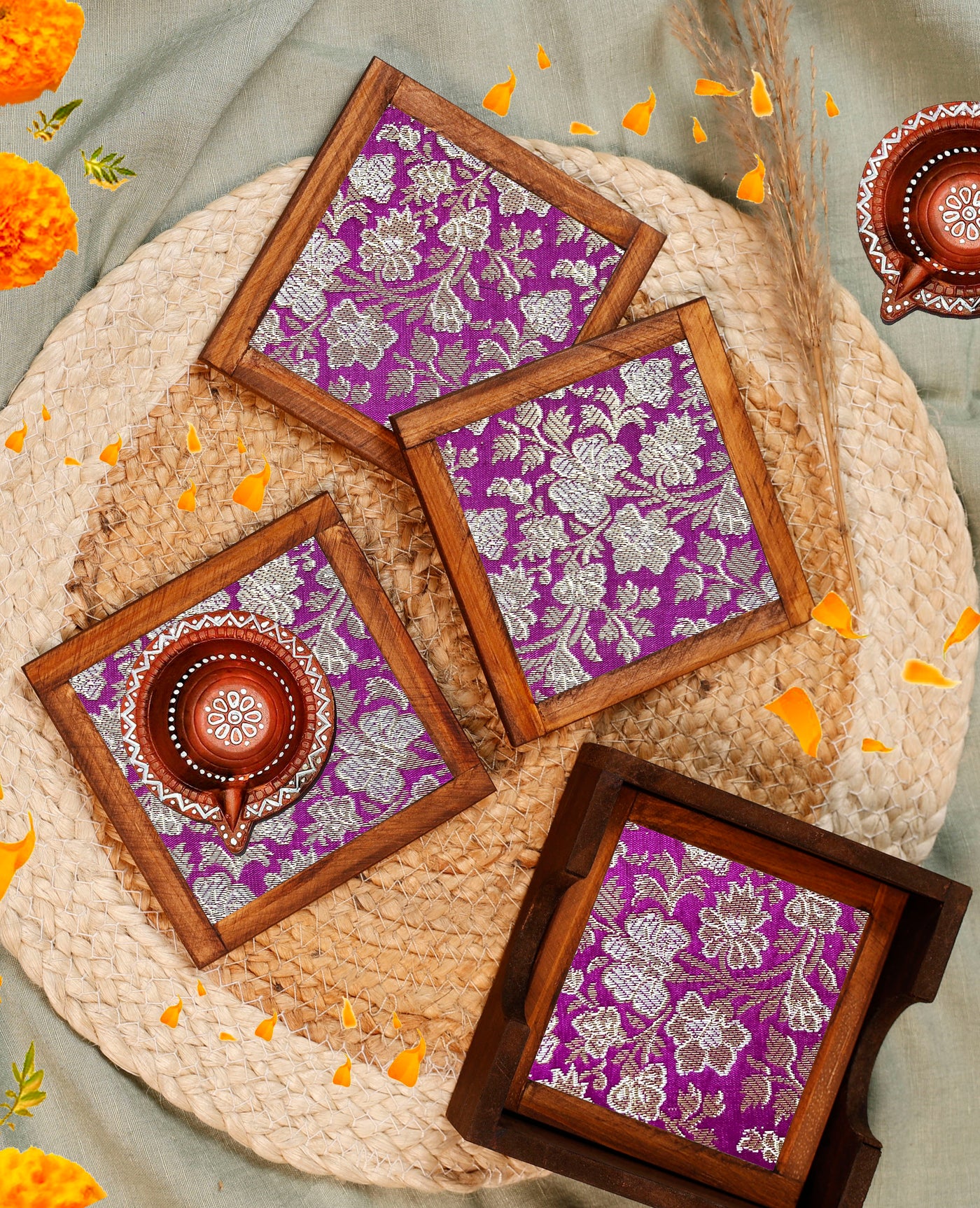 Purple Blended Silk Jacquard Coasters – Set of 4 - with Coaster Holder