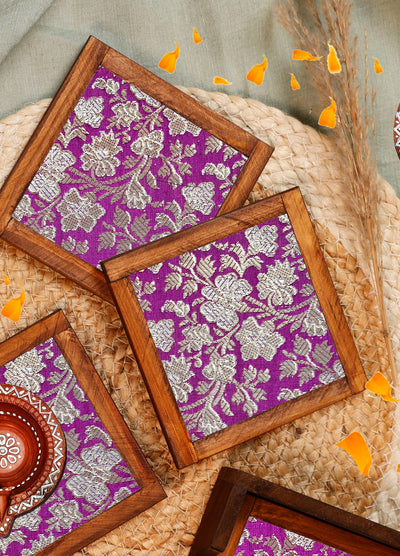 Purple Blended Silk Jacquard Coasters – Set of 4 - with Coaster Holder