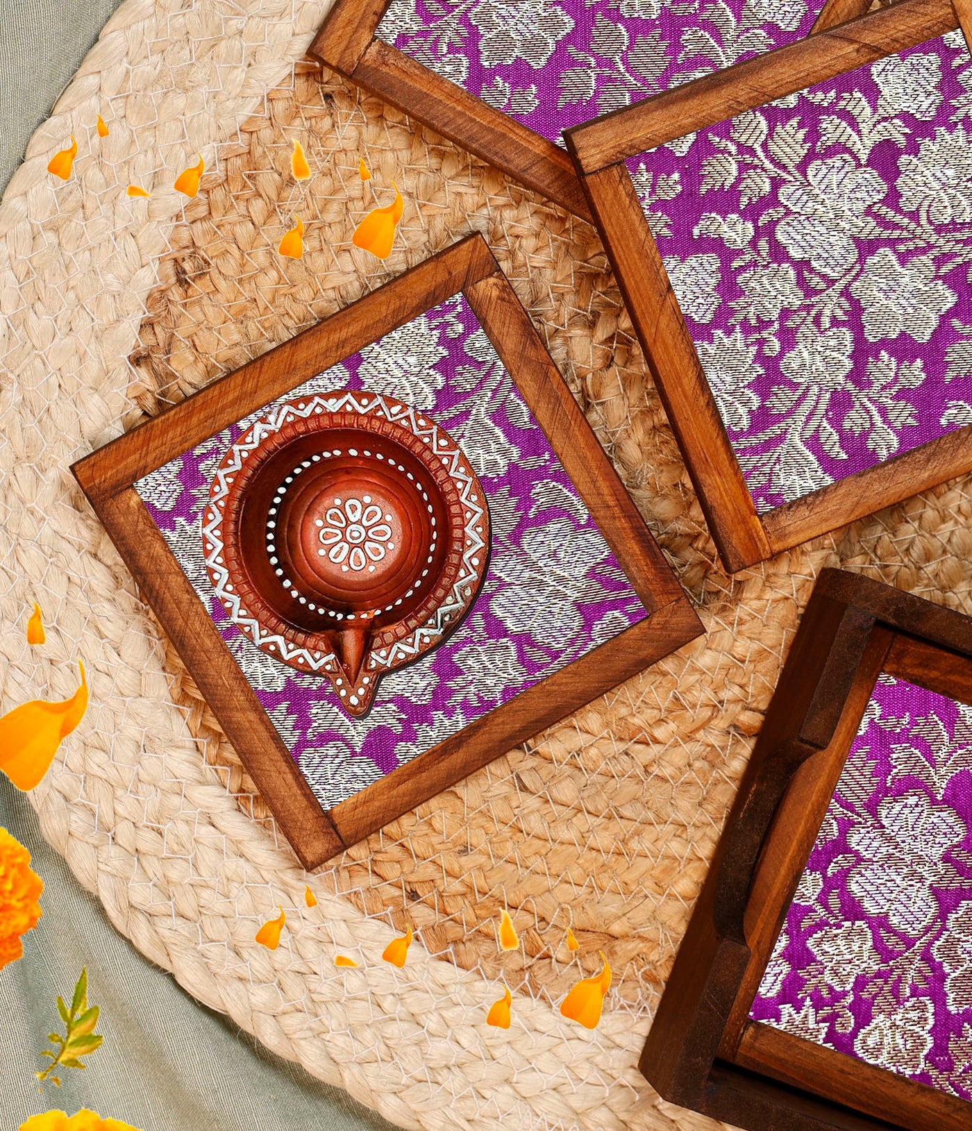 Purple Blended Silk Jacquard Coasters – Set of 4 - with Coaster Holder