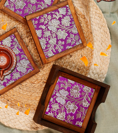 Purple Blended Silk Jacquard Coasters – Set of 4 - with Coaster Holder