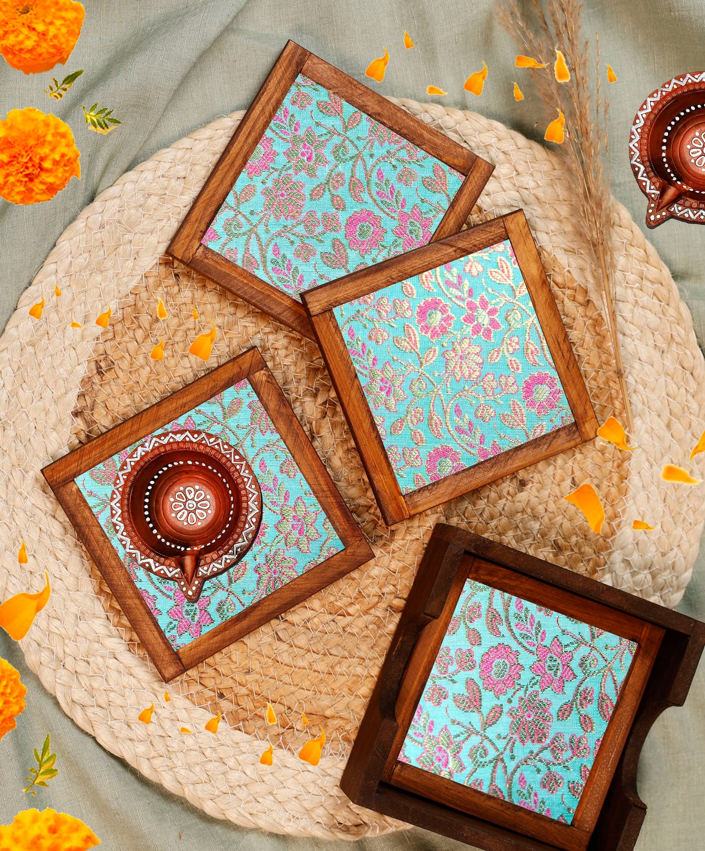 Aqua Blended Silk Jacquard Coasters – Set of 4 - with Coaster Holder