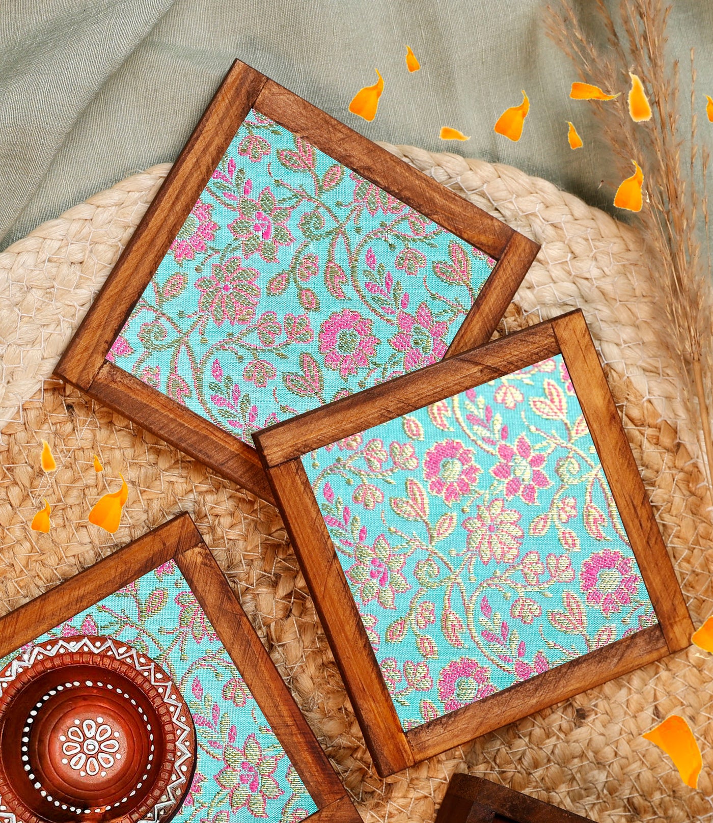 Aqua Blended Silk Jacquard Coasters – Set of 4 - with Coaster Holder