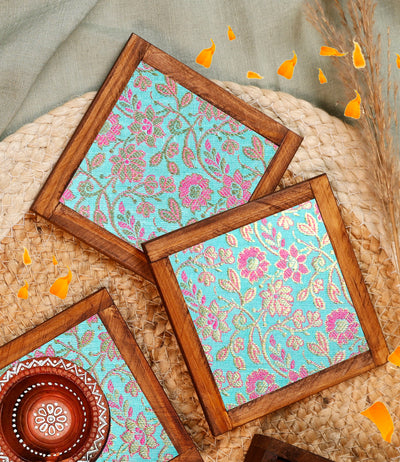 Aqua Blended Silk Jacquard Coasters – Set of 4 - with Coaster Holder