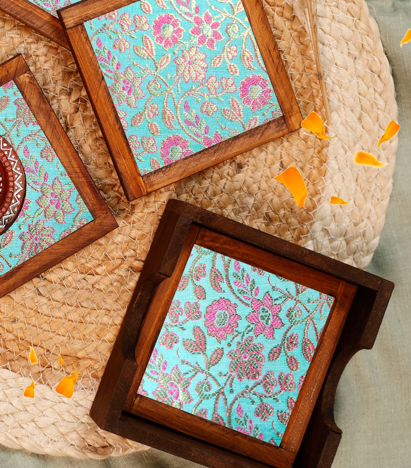 Aqua Blended Silk Jacquard Coasters – Set of 4 - with Coaster Holder