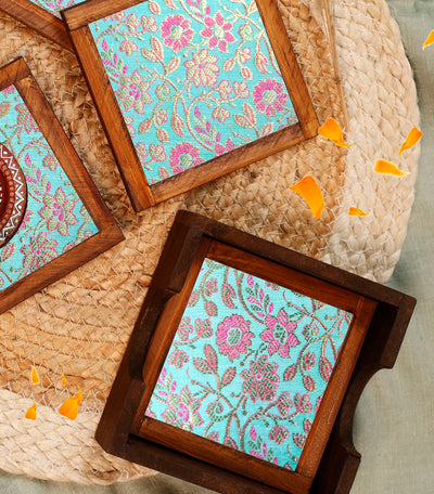 Aqua Blended Silk Jacquard Coasters – Set of 4 - with Coaster Holder