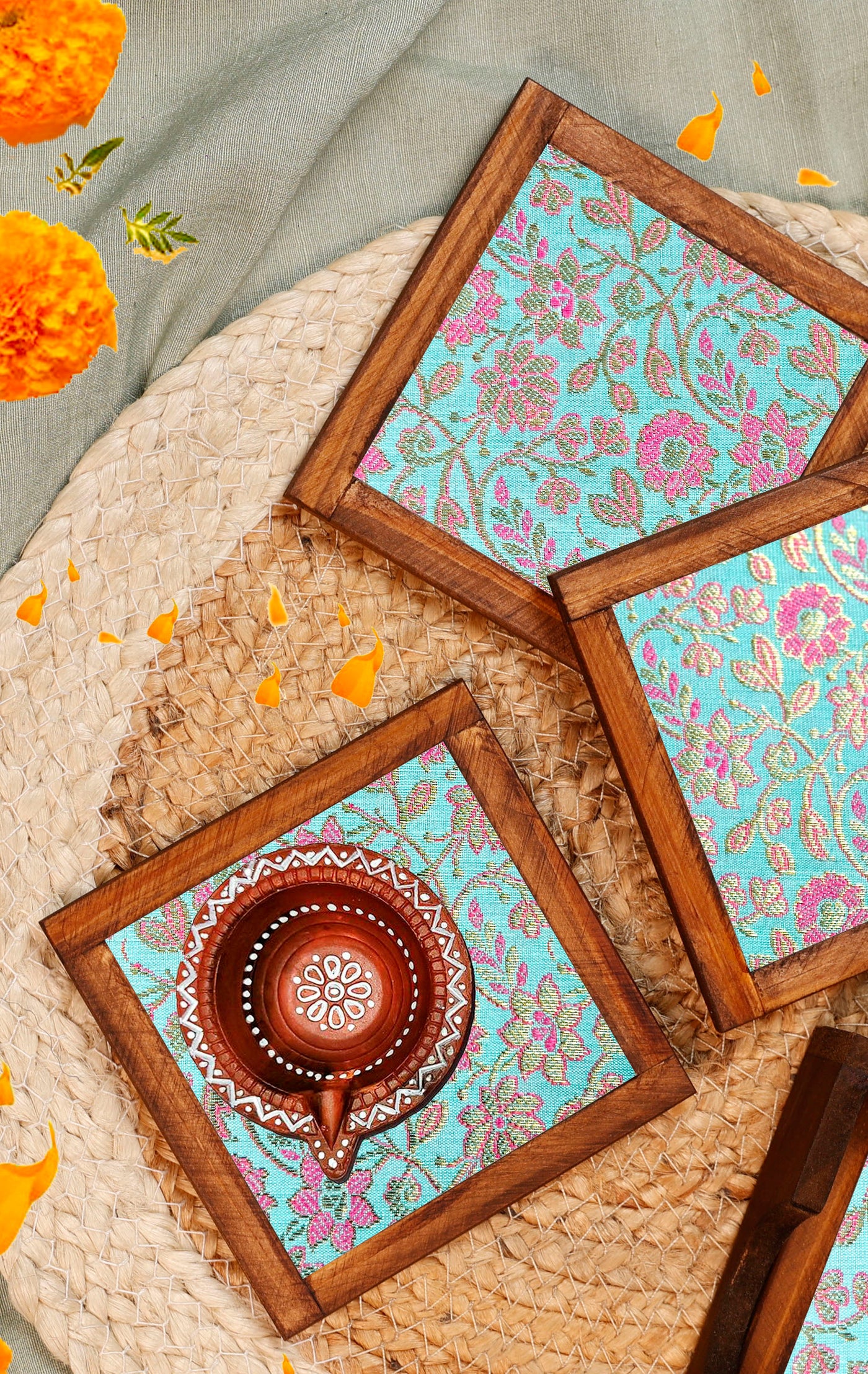 Aqua Blended Silk Jacquard Coasters – Set of 4 - with Coaster Holder