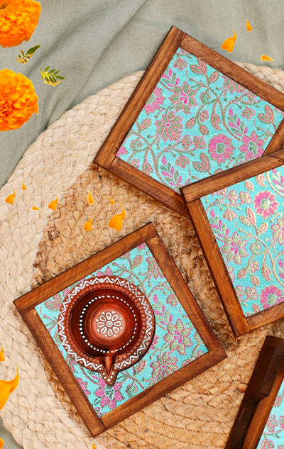 Aqua Blended Silk Jacquard Coasters – Set of 4 - with Coaster Holder