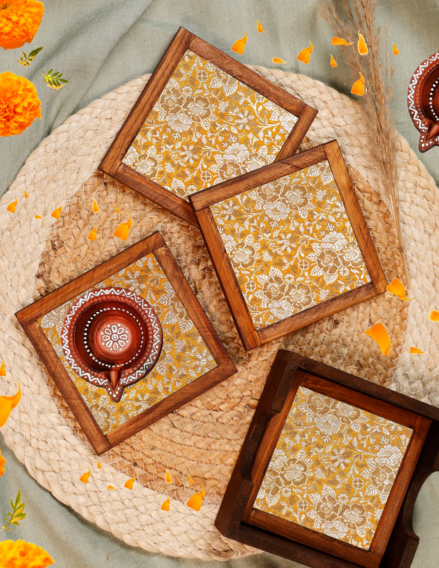 Golden Bloom – Blended Silk Jacquard Coaster Set (Set of 4) - with Coaster Holder