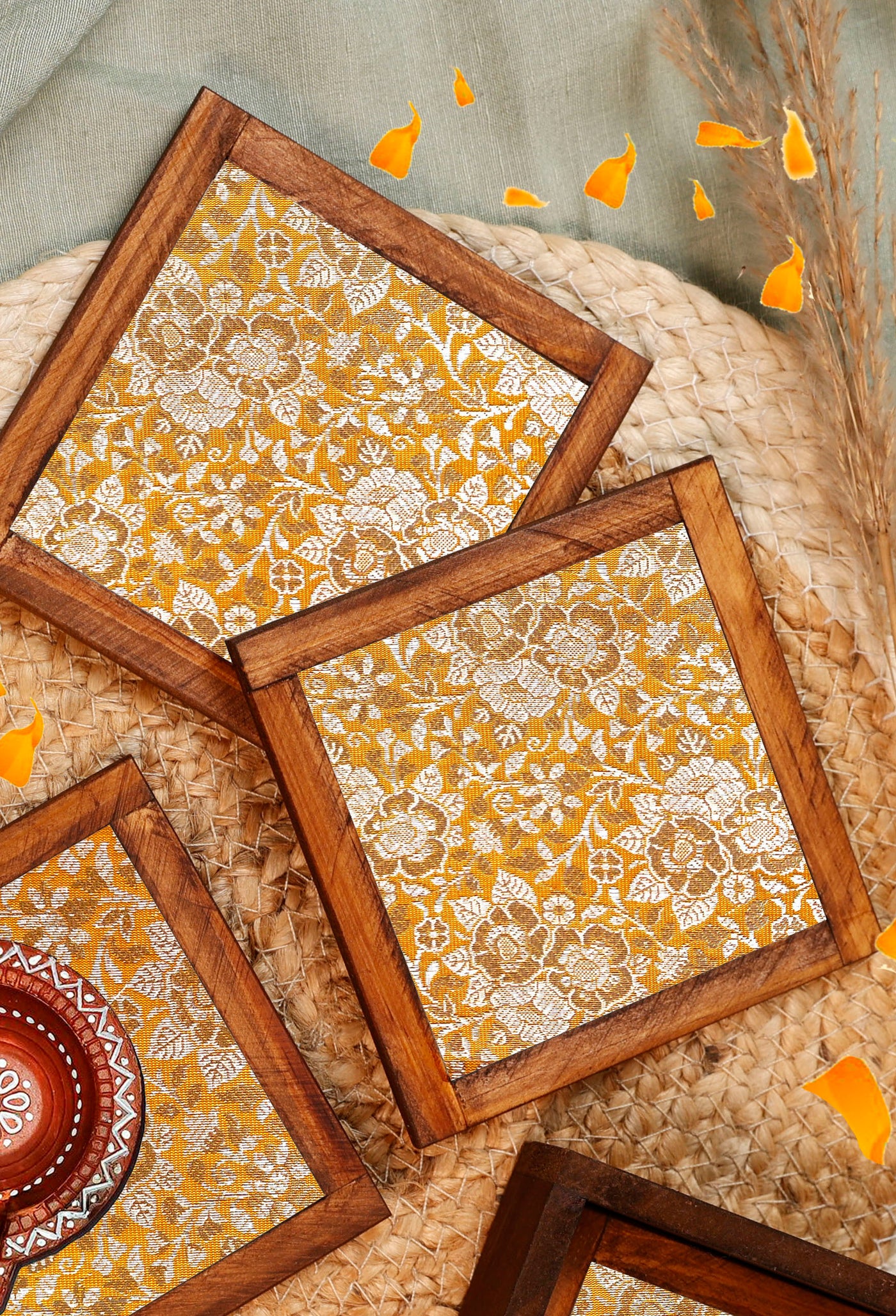 Golden Bloom – Blended Silk Jacquard Coaster Set (Set of 4) - with Coaster Holder