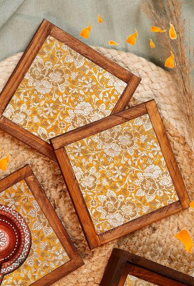 Golden Bloom – Blended Silk Jacquard Coaster Set (Set of 4) - with Coaster Holder
