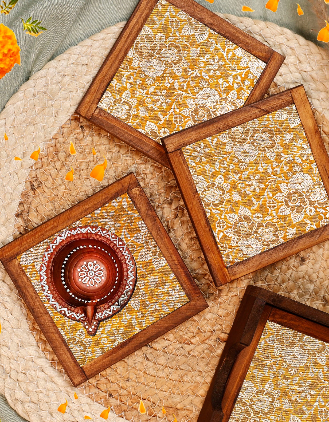 Golden Bloom – Blended Silk Jacquard Coaster Set (Set of 4) - with Coaster Holder