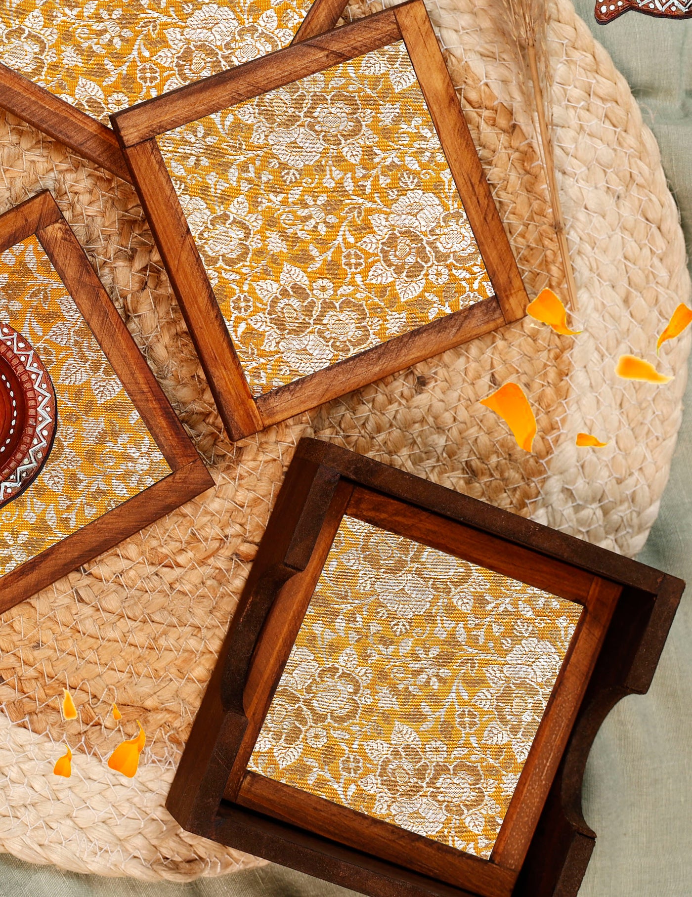 Golden Bloom – Blended Silk Jacquard Coaster Set (Set of 4) - with Coaster Holder