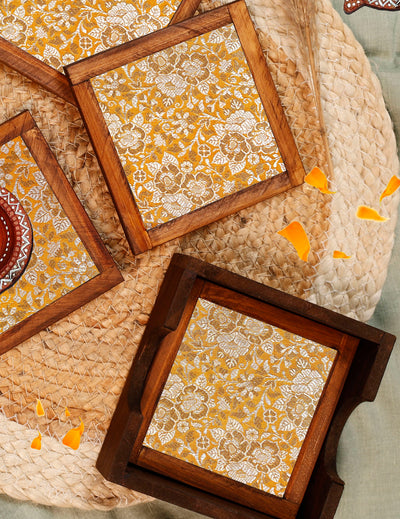 Golden Bloom – Blended Silk Jacquard Coaster Set (Set of 4) - with Coaster Holder