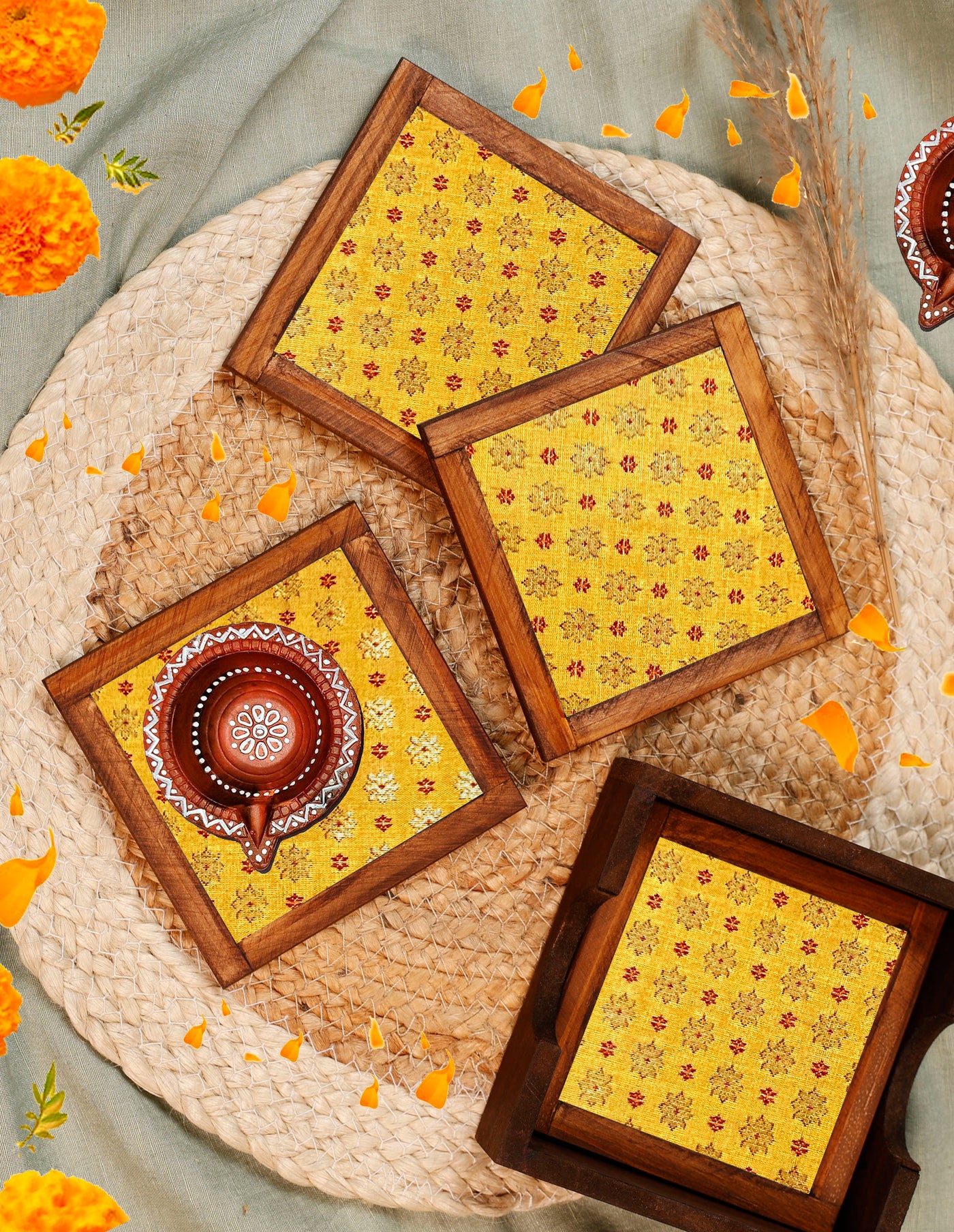 Mustard Glow – Silk Blend Brocade Coasters (Set of 4) - with Coaster Holder