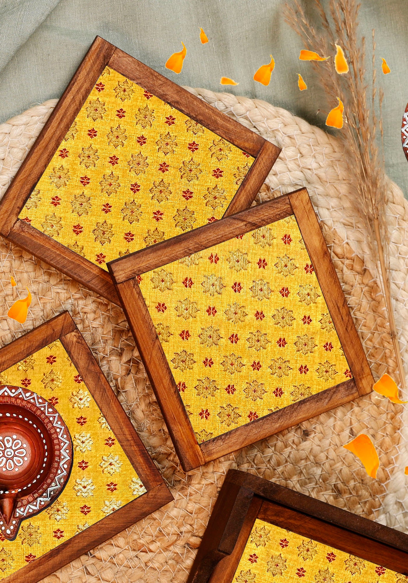 Mustard Glow – Silk Blend Brocade Coasters (Set of 4) - with Coaster Holder