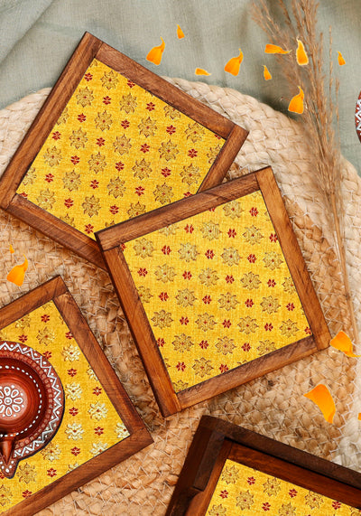 Mustard Glow – Silk Blend Brocade Coasters (Set of 4) - with Coaster Holder