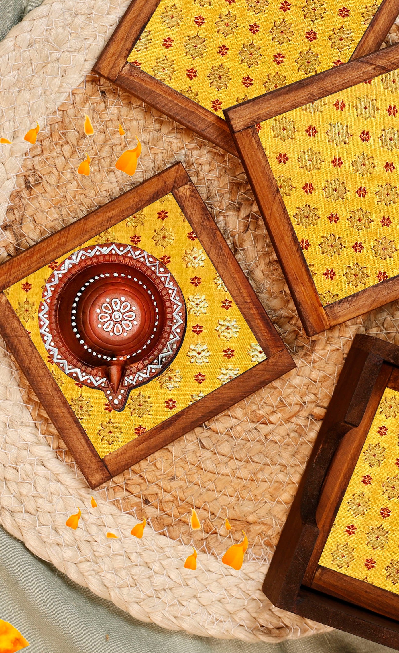 Mustard Glow – Silk Blend Brocade Coasters (Set of 4) - with Coaster Holder