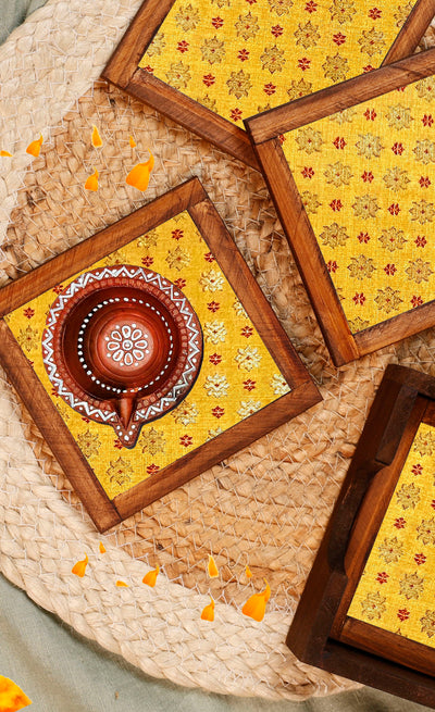 Mustard Glow – Silk Blend Brocade Coasters (Set of 4) - with Coaster Holder