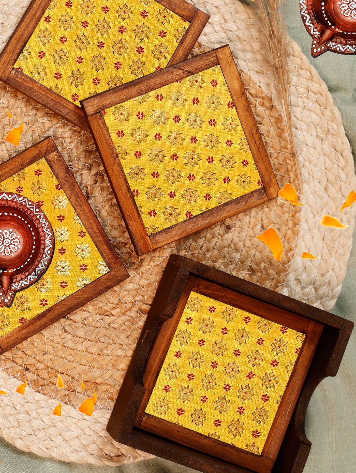 Mustard Glow – Silk Blend Brocade Coasters (Set of 4) - with Coaster Holder