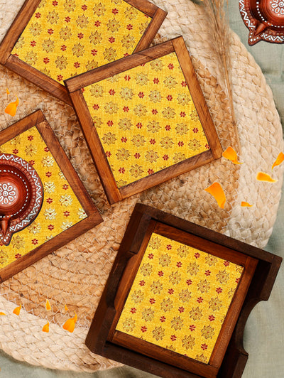 Mustard Glow – Silk Blend Brocade Coasters (Set of 4) - with Coaster Holder