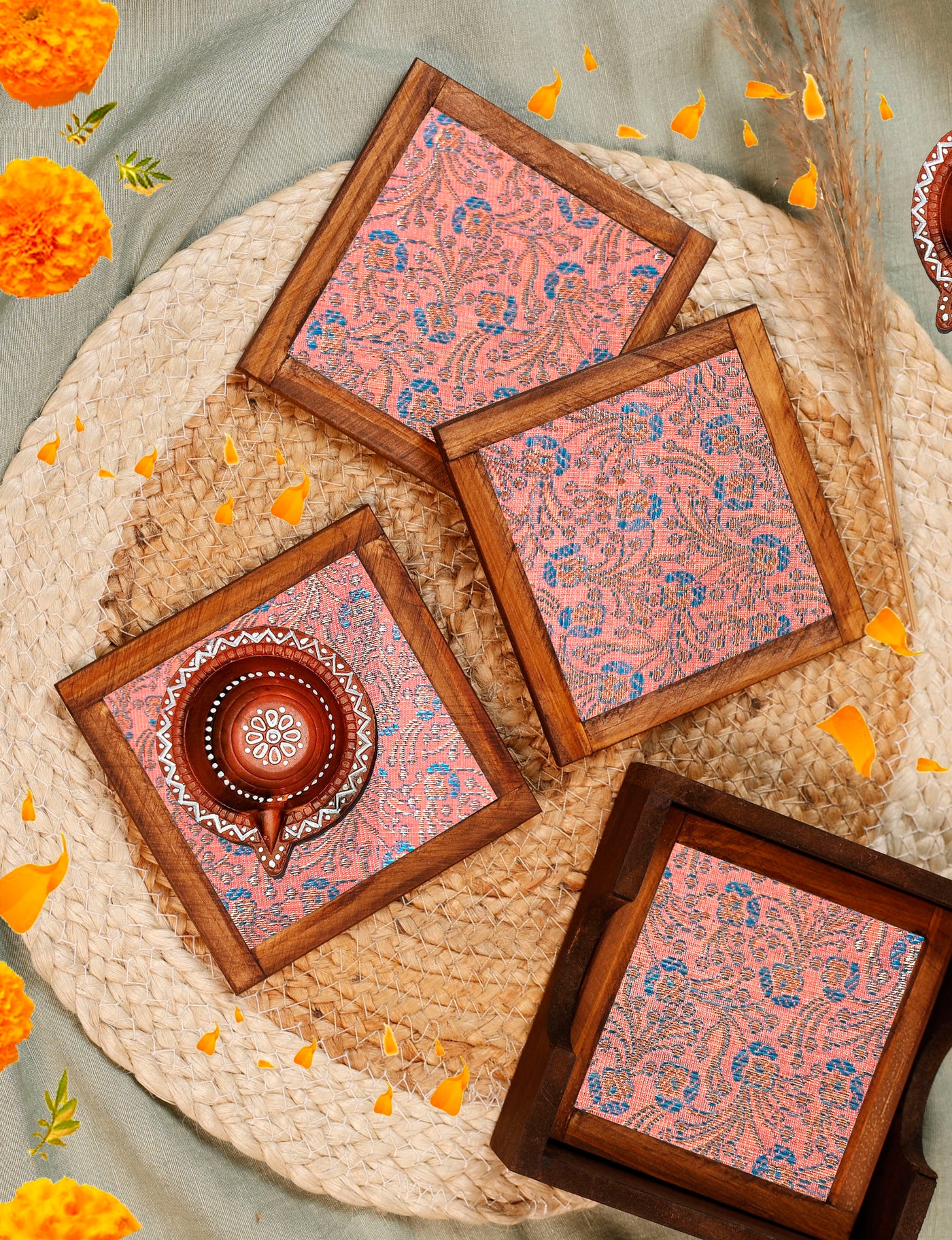 Peach Blossom Jacquard Coaster Set of 4 - with Coaster Holder