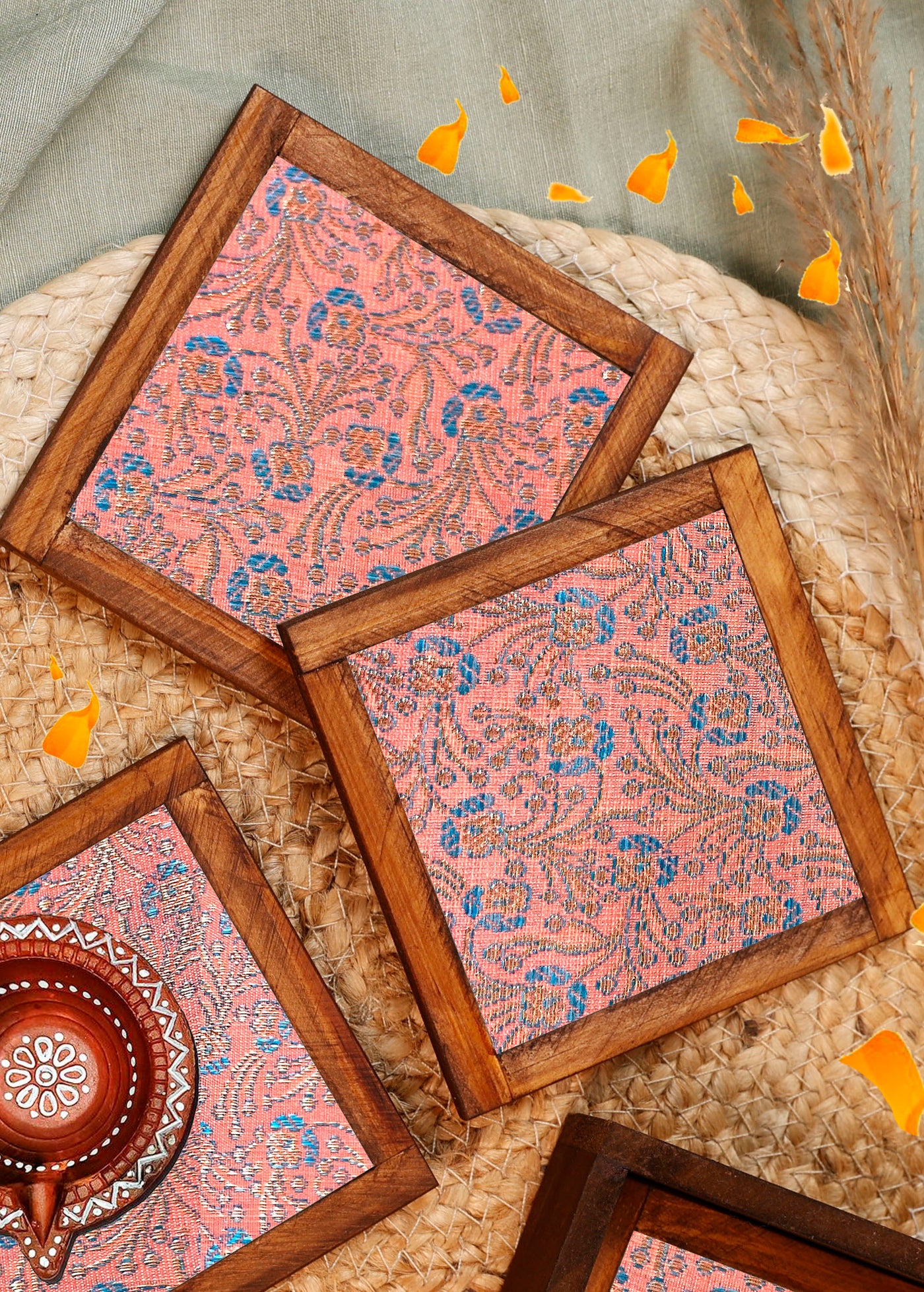 Peach Blossom Jacquard Coaster Set of 4 - with Coaster Holder