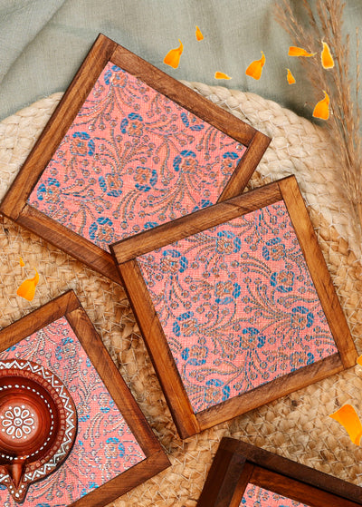Peach Blossom Jacquard Coaster Set of 4 - with Coaster Holder