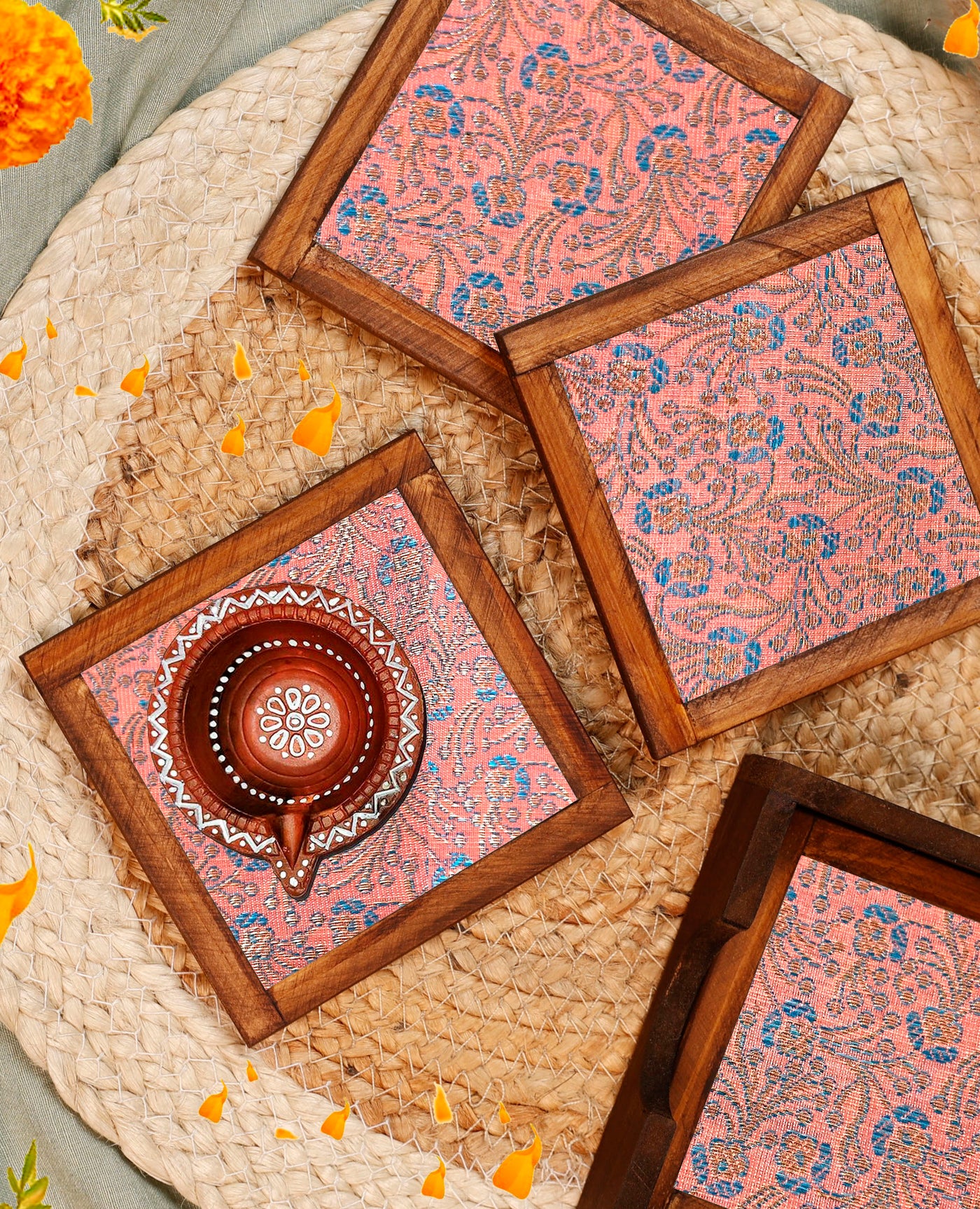 Peach Blossom Jacquard Coaster Set of 4 - with Coaster Holder