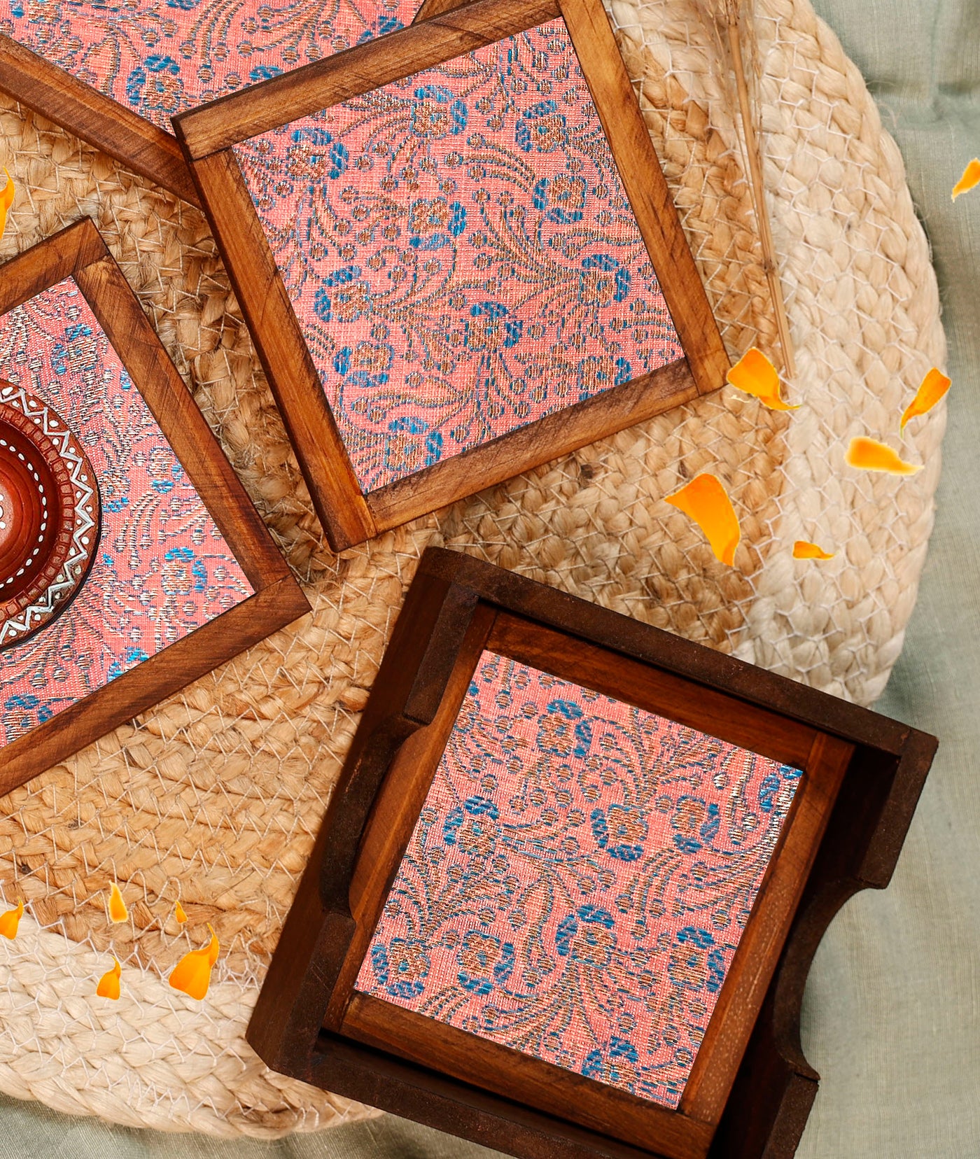 Peach Blossom Jacquard Coaster Set of 4 - with Coaster Holder