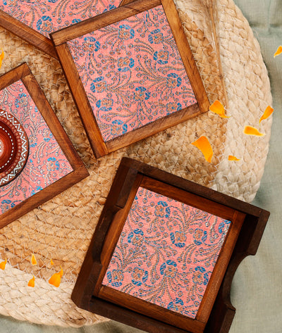 Peach Blossom Jacquard Coaster Set of 4 - with Coaster Holder