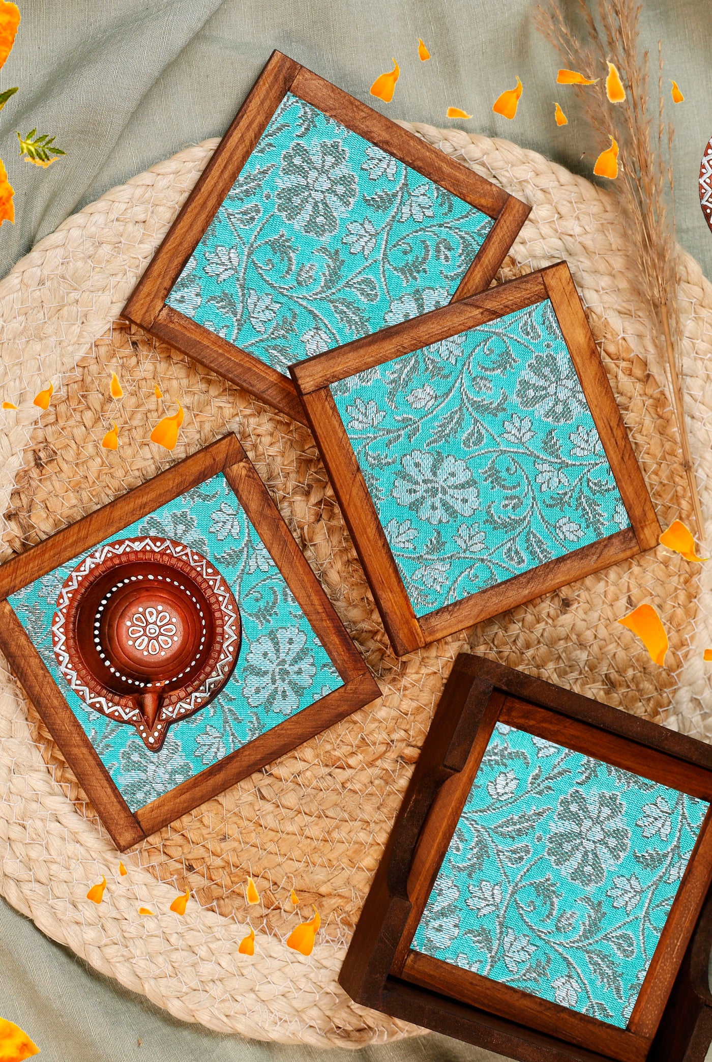 Turquoise Grace Jacquard Coaster Set of 4 - with Coaster Holder