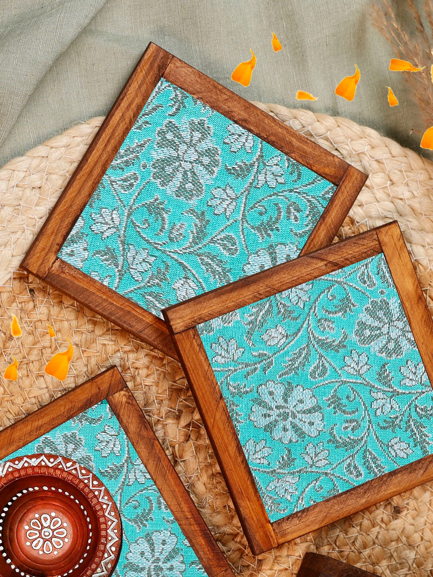 Turquoise Grace Jacquard Coaster Set of 4 - with Coaster Holder