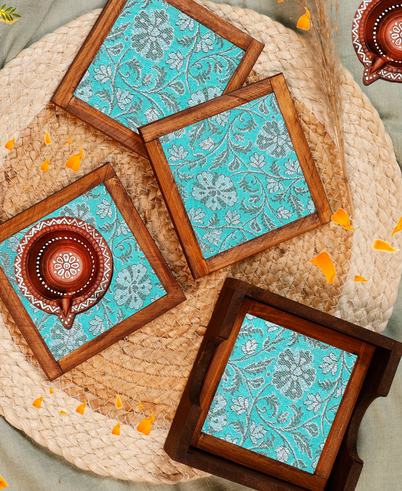 Turquoise Grace Jacquard Coaster Set of 4 - with Coaster Holder