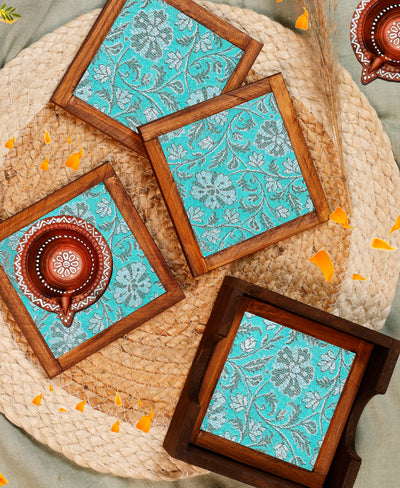 Turquoise Grace Jacquard Coaster Set of 4 - with Coaster Holder