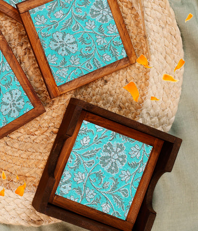 Turquoise Grace Jacquard Coaster Set of 4 - with Coaster Holder